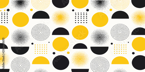 Bild auf Leinwand abstract pattern with black and yellow geometric circles, semicircles, and dots