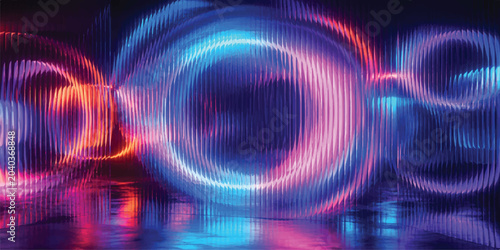 Schilderij op canvas Futuristic neon circle abstract design with glowing rings in vibrant blue, purpl