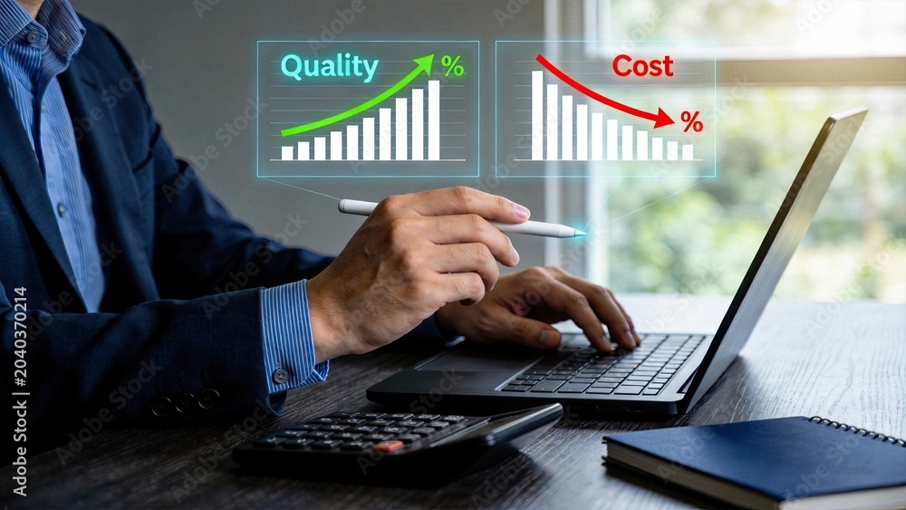 Fototapeta premium Quality increasing and cost decreasing chart comparison, business efficiency optimization, profit maximization, financial analysis dashboard, budget management, economic