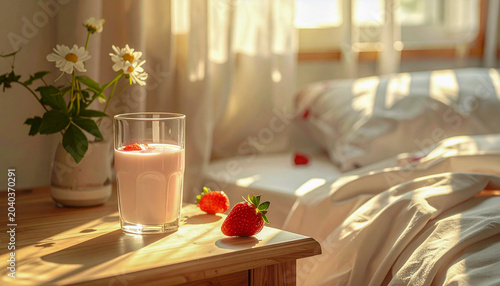 Macro Photo of Sunlight Hitting Glass of Strawberry Milk on Bedside Table Long Shadows 4K