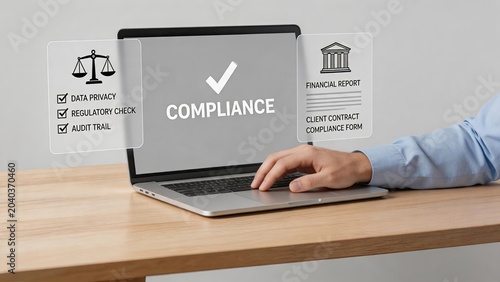 Business compliance concept with laptop showing checklist including data privacy, regulatory check, audit trail, financial report and client contract form