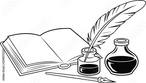Cuadro en lienzo Vintage feather quill pen with inkwell bottles and open blank book for literatur