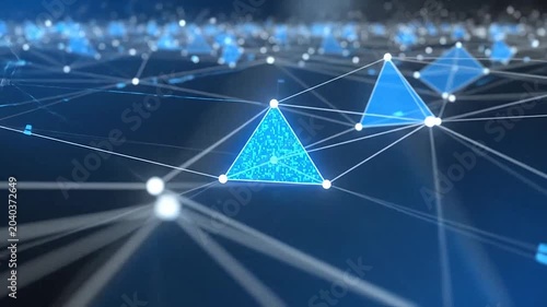 Abstract digital network with glowing blue geometric shapes and lines