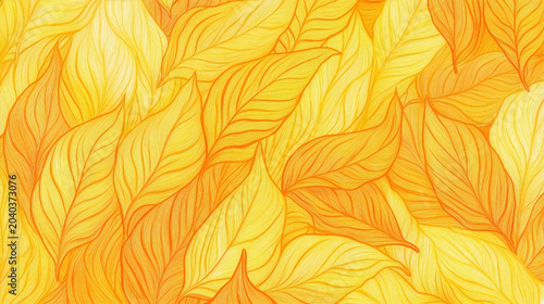 Abstract yellow leaves pattern background, hand drawn pencil sketch illustration with elegant botanical line art elements