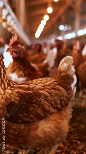 Brown hens gathered inside a poultry farm with warm natural lighting. Sustainable agriculture concept featuring livestock care, egg production and farming.