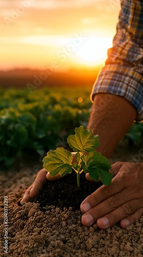 Farmer examining healthy green crops in a field during golden sunset. Sustainable agriculture concept focused on growth, harvest and food production.