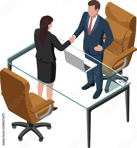Isometric business people shaking hands over office desk for job interview success corporate partnership agreement and professional recruitment hiring process vector illustration flat character design