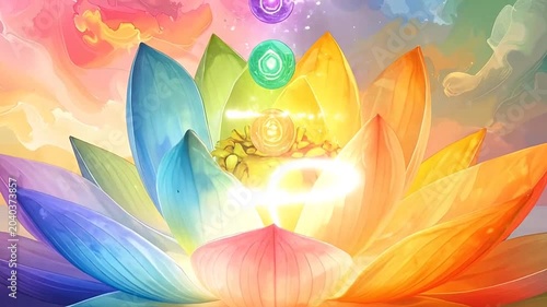 A vibrant multicolored lotus flower floats on calm water surface
