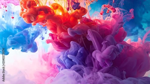 Vibrant clouds of colorful ink swirling in clear liquid water