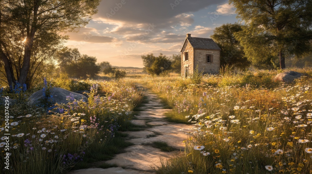 Obraz premium Serene Country Pathway Leading to a Quaint Cottage Surrounded by Vibrant Wildflowers Under a Beautiful Evening Sky