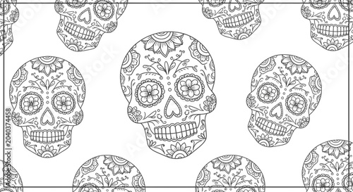Intricate Sugar Skulls Seamless Pattern for Day of the Dead Coloring Book Design