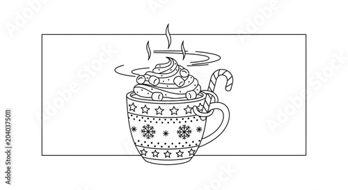hot chocolate in festive mug with whipped cream