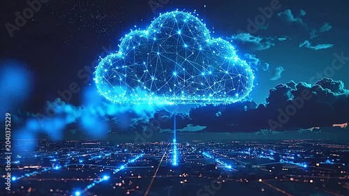 A glowing digital cloud hovering above a dark urban landscape