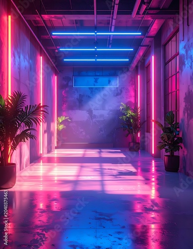 A futuristic corridor with neon lights and plants (1)