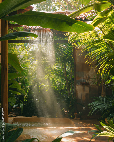 Outdoor tropical jungle shower with natural sunlight and lush green foliage