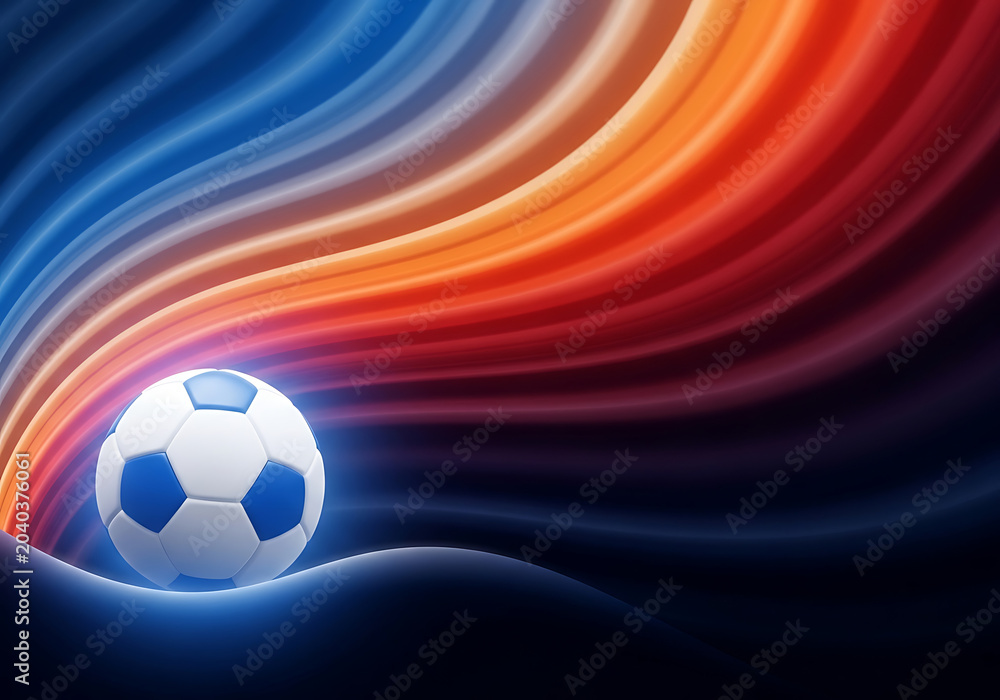Naklejka premium Classic Soccer Ball Resting Before Dynamic Colorful Wavy Light Streaks Representing Energy And Athletic Competition Passion For Global Matches Playing On The Pitch During Intense Nighttime