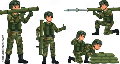Foto Military Soldier Character Set in Camouflage Uniform Holding Rocket Launcher Baz