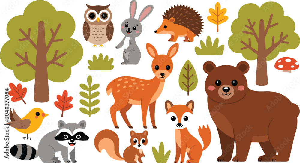 Fototapeta premium Cute woodland forest animal vector set featuring bear deer fox owl raccoon squirrel and rabbit for kids nursery decor stationery school education and children book illustrations.