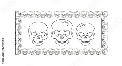 Gothic Skull Line Art Illustration with Decorative Frame and Multiple Human Skulls