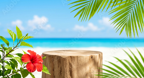 Natural wooden log podium on tropical white sand beach with red hibiscus flower and palm leaves for summer cosmetic product display