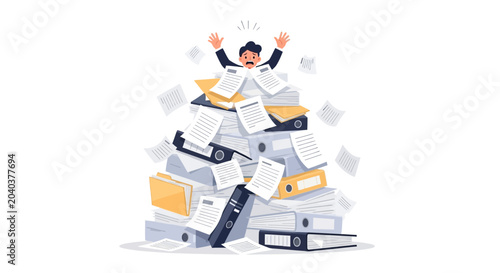 Overwhelmed Businessman Drowning in Paperwork and Files, Stressful Workload