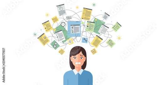 Overwhelmed Woman with Chaotic Papers and Tasks