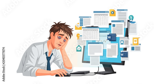 Overwhelmed Businessman Exhausted at Computer with Too Many Tasks and Deadlines