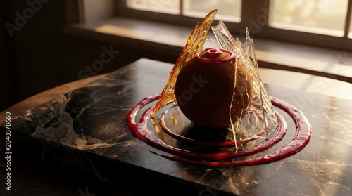 High-end molecular gastronomy chocolate sphere dessert with spun sugar and gold leaf on dark marble plate, premium Michelin star patisserie horizontal background