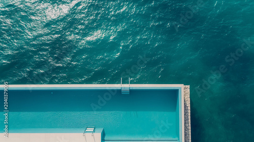 Aerial view of modern infinity pool overlooking deep blue ocean water
