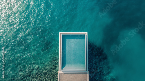 Aerial view of infinity pool on cliff above deep blue ocean water
