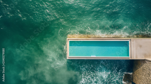 Aerial view of long infinity pool extending over ocean waves and coastline