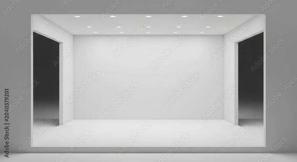 Fototapeta premium Empty white minimalist room with recessed lighting and two dark doorways.
