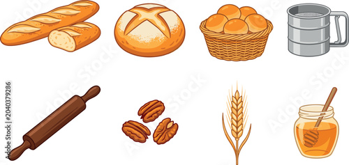 Photos Fresh Bakery and Bread Baking Ingredient Icon Set with French Baguette Sourdough