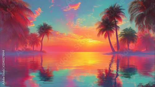 Serene Tropical Sunset Over Still Waters with Vibrant Colors and Palm Trees Reflecting on Calm Ocean Surface in Dreamy Paradise Setting