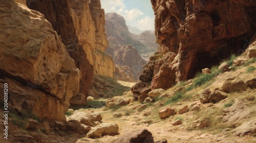 Scenic Rocky Landscape with Majestic Cliffs and Gentle Slopes Surrounded by Lush Greenery Under a Bright Blue Sky