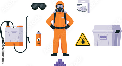 Foto Professional Pest Control Exterminator Worker in Orange Hazmat Suit with Chemica