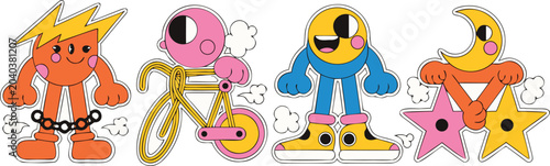 Foto Set of funny cartoon mascot character stickers on white background with stickers