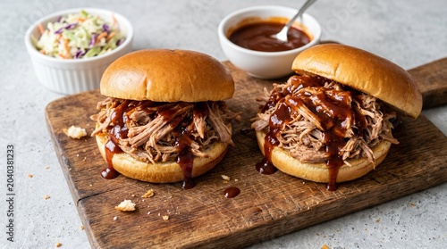 Pulled pork sandwiches with barbecue sauce on brioche buns, slow cooked shredded pork sliders on wooden board, rustic american bbq lunch with coleslaw isolated on White Background