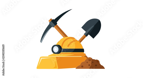 Tableau sur toile Gold mining equipment, helmet, pickaxe, shovel, gold bar, and dirt pile on white