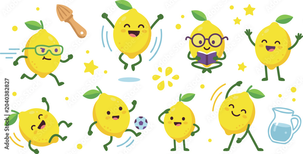 Fototapeta premium Cute Lemon Fruit Cartoon Character Mascot Sticker Set with Happy Faces Running Jumping Reading Playing Soccer and Doing Fitness Exercises Vector