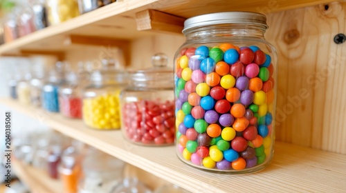Colorful Gumballs in a Glass Jar on a Wooden Shelf Surrounded by Assorted Candy Jars in a Bright and Cheerful Kitchen Display