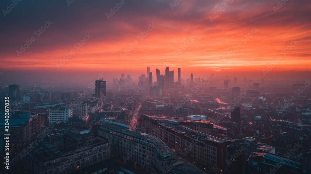 Obraz premium Serene Urban Skyline at Sunrise with Colorful Clouds and City Buildings Under Vibrant Sky During Dawn Time from a High Perspective