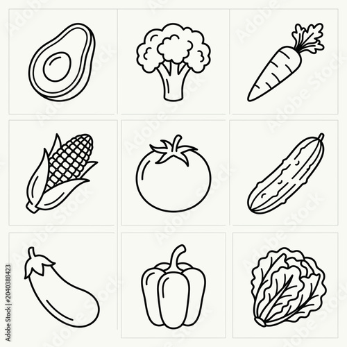 Tableau sur toile Vegetables and fruits line drawings collection.