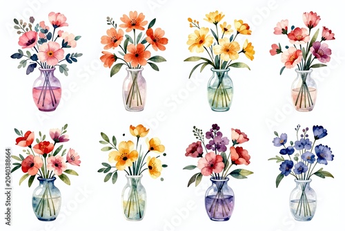 A bunch of flowers in vases on a white background
