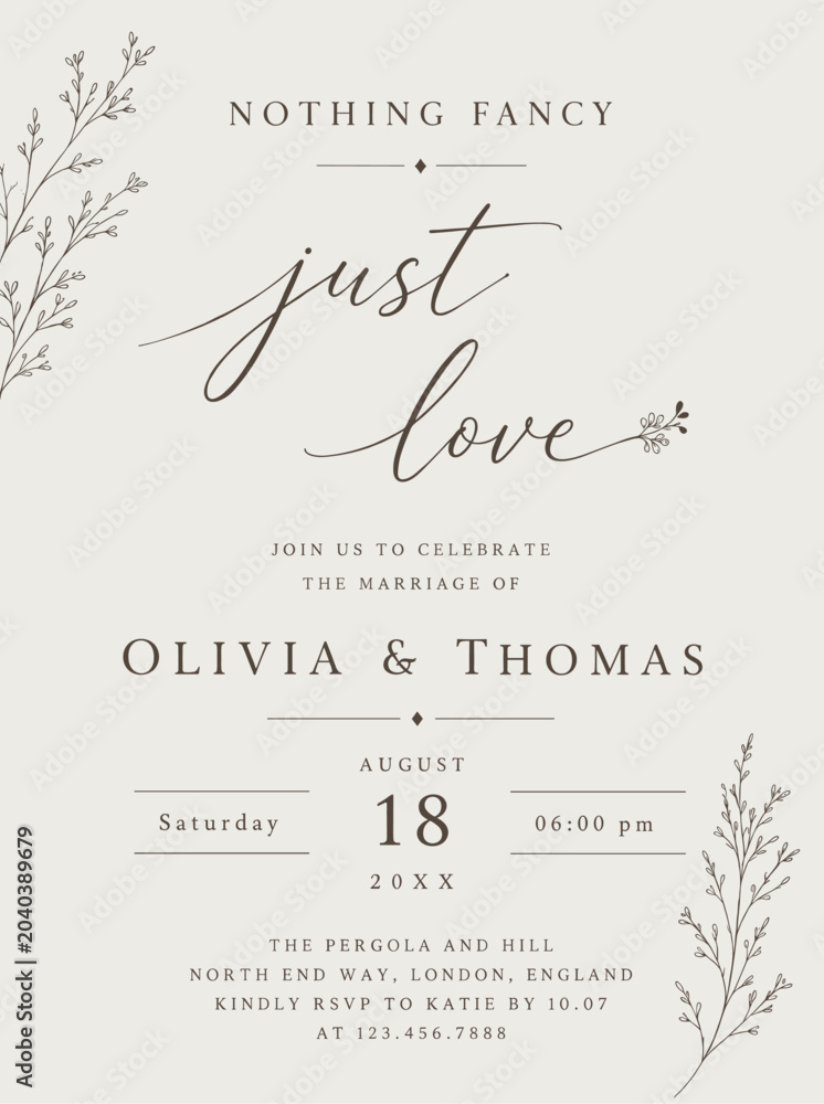 Obraz premium Minimalist wedding invitation template card design. Elegant black serif and script cursive lettering with simple botanical leaf dividers on a white background.
