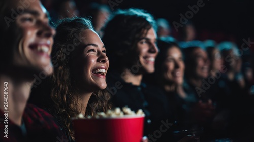 A group of friends laughing in a movie theater, enjoying popcorn.