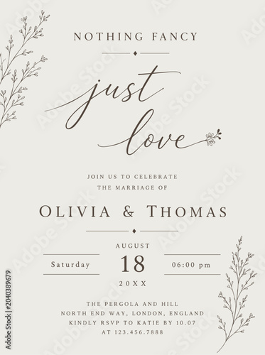 Minimalist wedding invitation template card design. Elegant black serif and script cursive lettering with simple botanical leaf dividers on a white background.