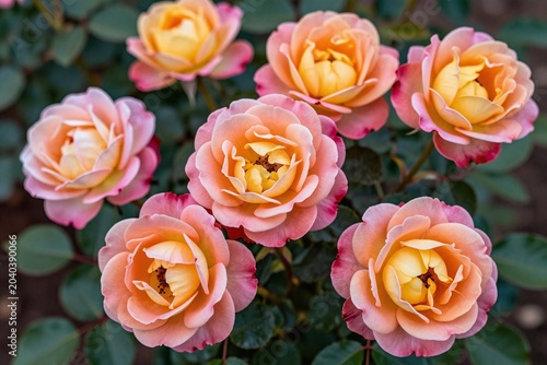 A bunch of pink and orange roses with green leaves