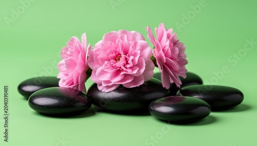 Zen Stones and Pink Blossoms: Smooth, dark zen stones are artfully arranged with delicate pink carnations, evoking a sense of tranquility and natural beauty on a soft green background.