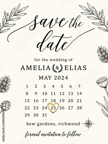 Save the date wedding invitation calendar card. Featuring elegant botanical line art drawings and gold hearts for marriage celebration. Illustration.